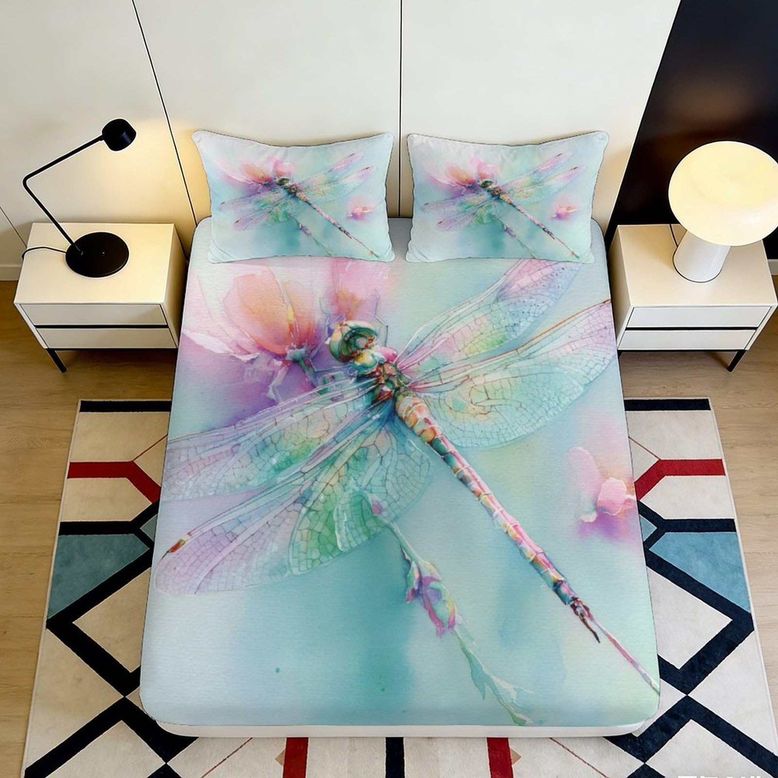3D Printed Pastel Dragonfly Fitted Sheet Microfiber Soft Floral Blossom Mattress Cover for Bedroom Dorm Bed Decor 120x200x25cm