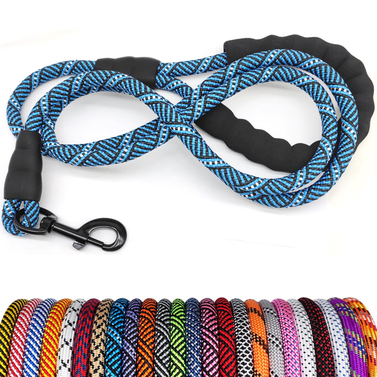 MayPaw Heavy Duty Rope Dog Leash, 3/4/5/6/7/8/10/12/15 FT Nylon Pet Leash, Soft Padded Handle Thick Lead Leashes for Large Medium Dogs (Blue Black, 1/