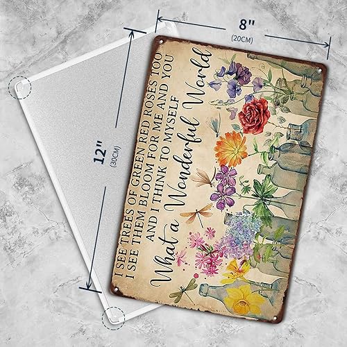 Miniatura 5 de YOYI ART Letrero de estaño de libélula y flores, Qué mundo maravilloso veo árboles de verde rosas rojas también, divertidos letreros de jardín para