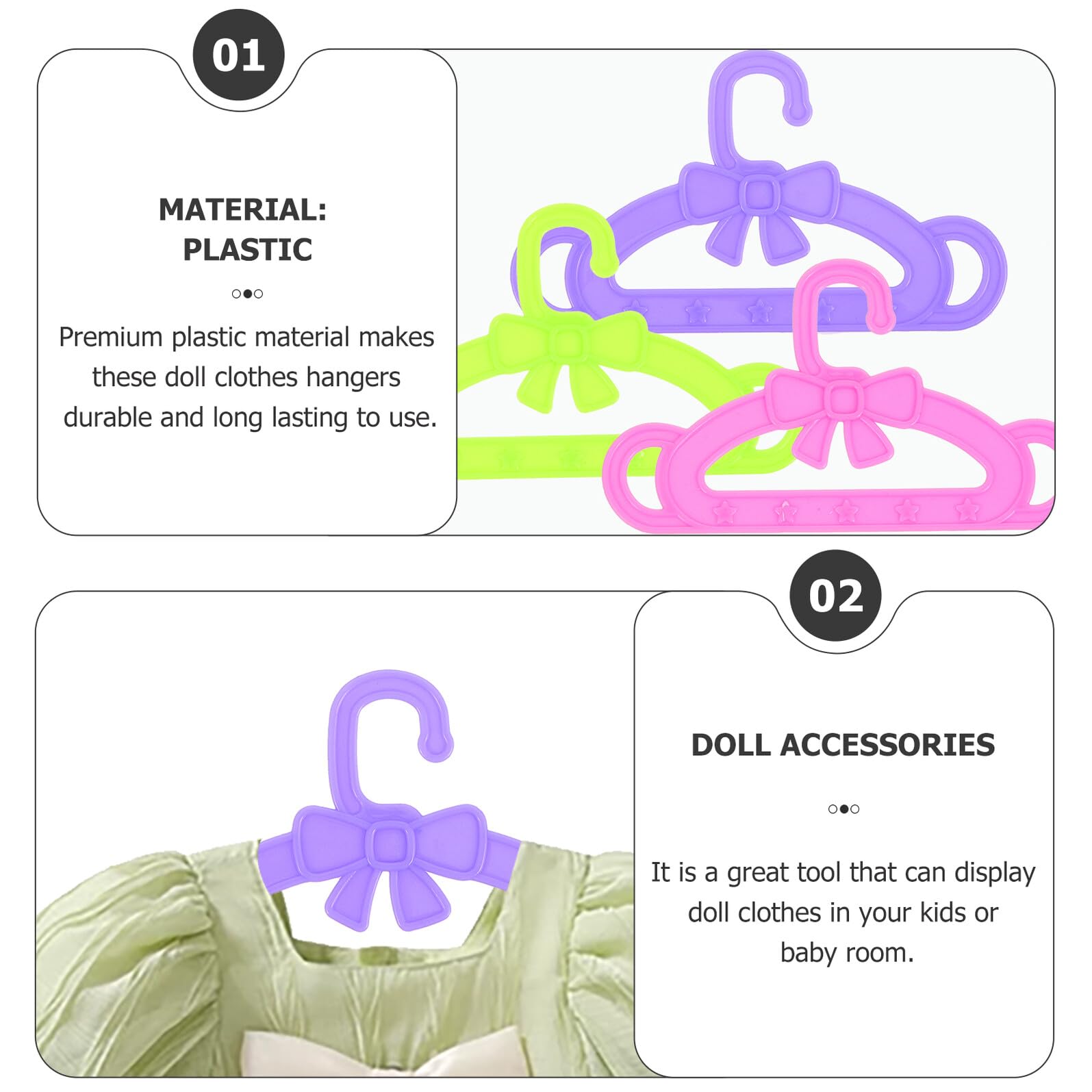 Perchas de Ropa para Muñecas de Plástico, 15 Piezas | Rosa, Verde y Morado, Juego de 5 por Color, Accesorios para Prendas de Muñecas, para Bebés y Niñas