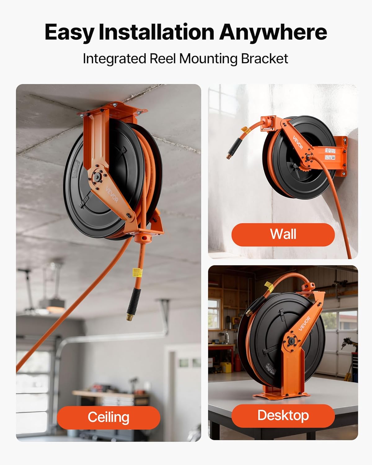 VEVOR Retractable Air Hose Reel, 1/2 Inch x 50 FT Rubber Air Hose Max 300PSI, Auto Rewind Air-Compressor Hoses Reel with 5 ft Lead in, Ceiling/Wall Mount Heavy Duty Steel Double Arm