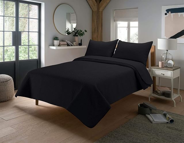 Olivia Rocco Capri Quilted Bedspread Designer Double King Comforter Throw Bed Cover Throws, 240 x 260 cm, Black