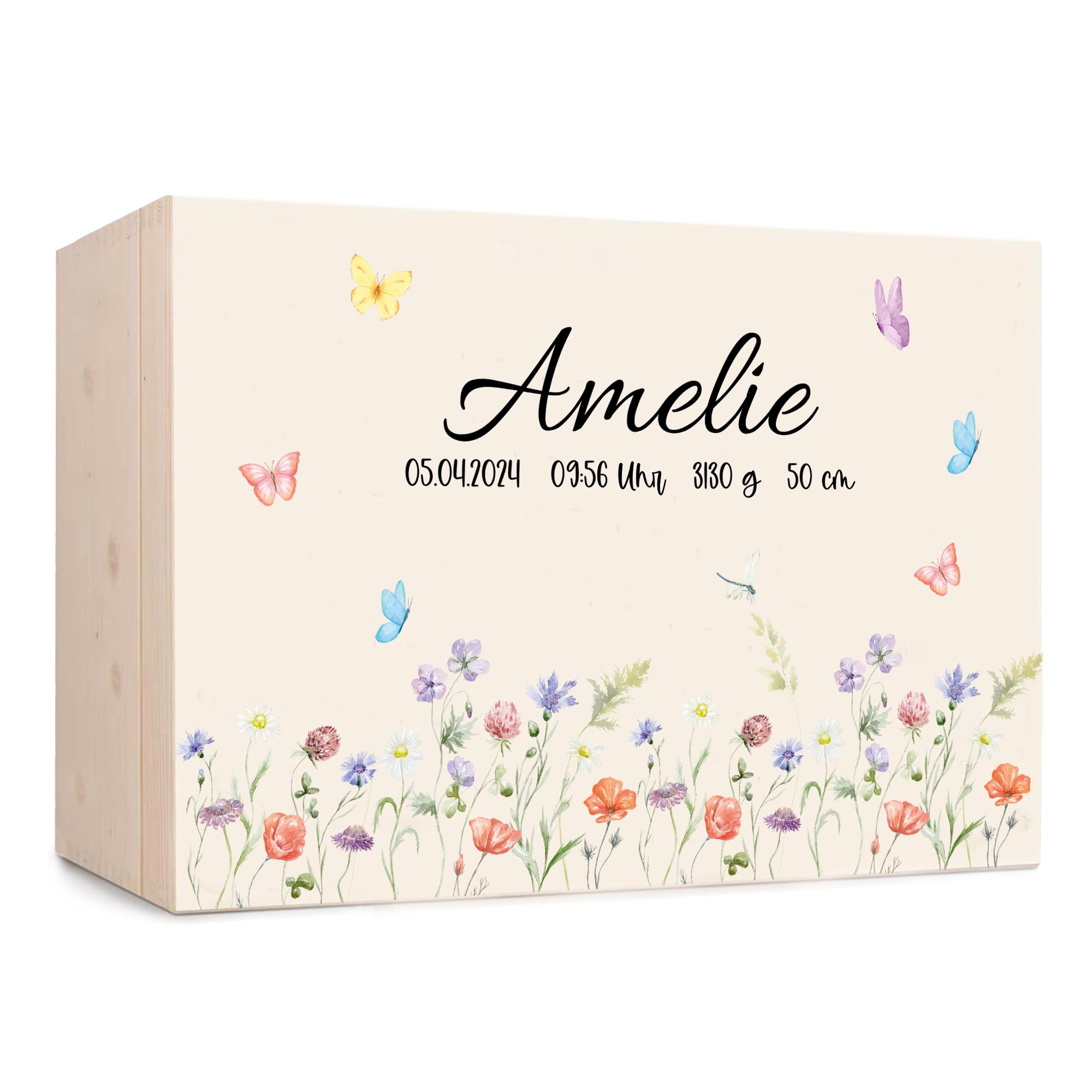 Generisch Erinnerungsbox Baby, personalisierte Holzkiste mit Klappdeckel, Aufbewahrung von Erinnerungen, Geschenk zur Geburt und Taufe, Geburtsgeschenk Jungen und Mädchen (Blumen, 30x20x14 cm)