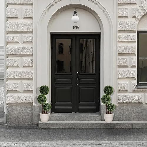 Miniatura 5 de Árbol de Topiarios Artificiales de Bolas para Exteriores, Árbol de Boj Falso de Triple Bola de 3 pies (2 Piezas), Plantas de Arbustos Artificiales