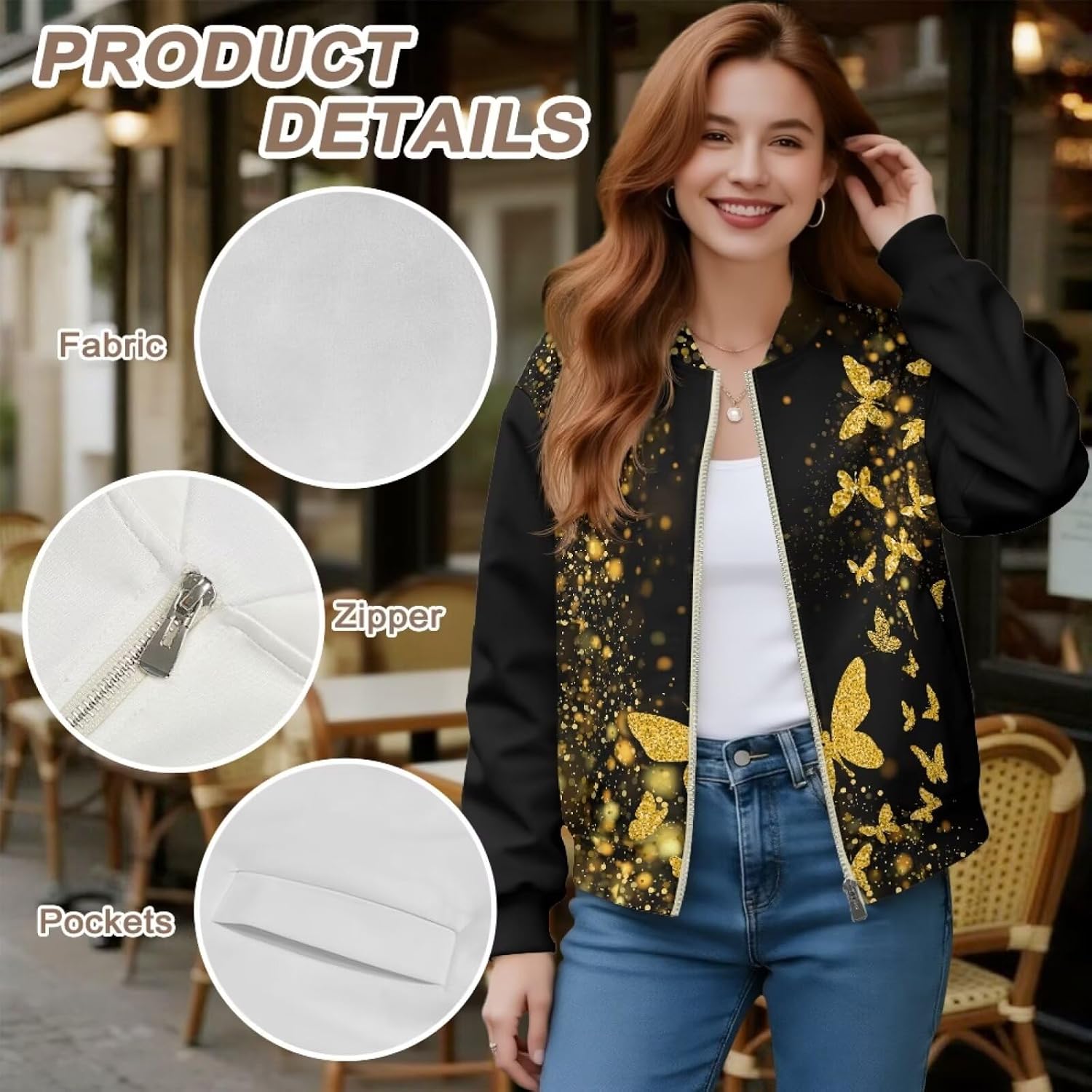 Butterfly Zip Up Jacket for Women Crewneck Athletic Jackets Long Sleeve Coats Outfits with Pockets