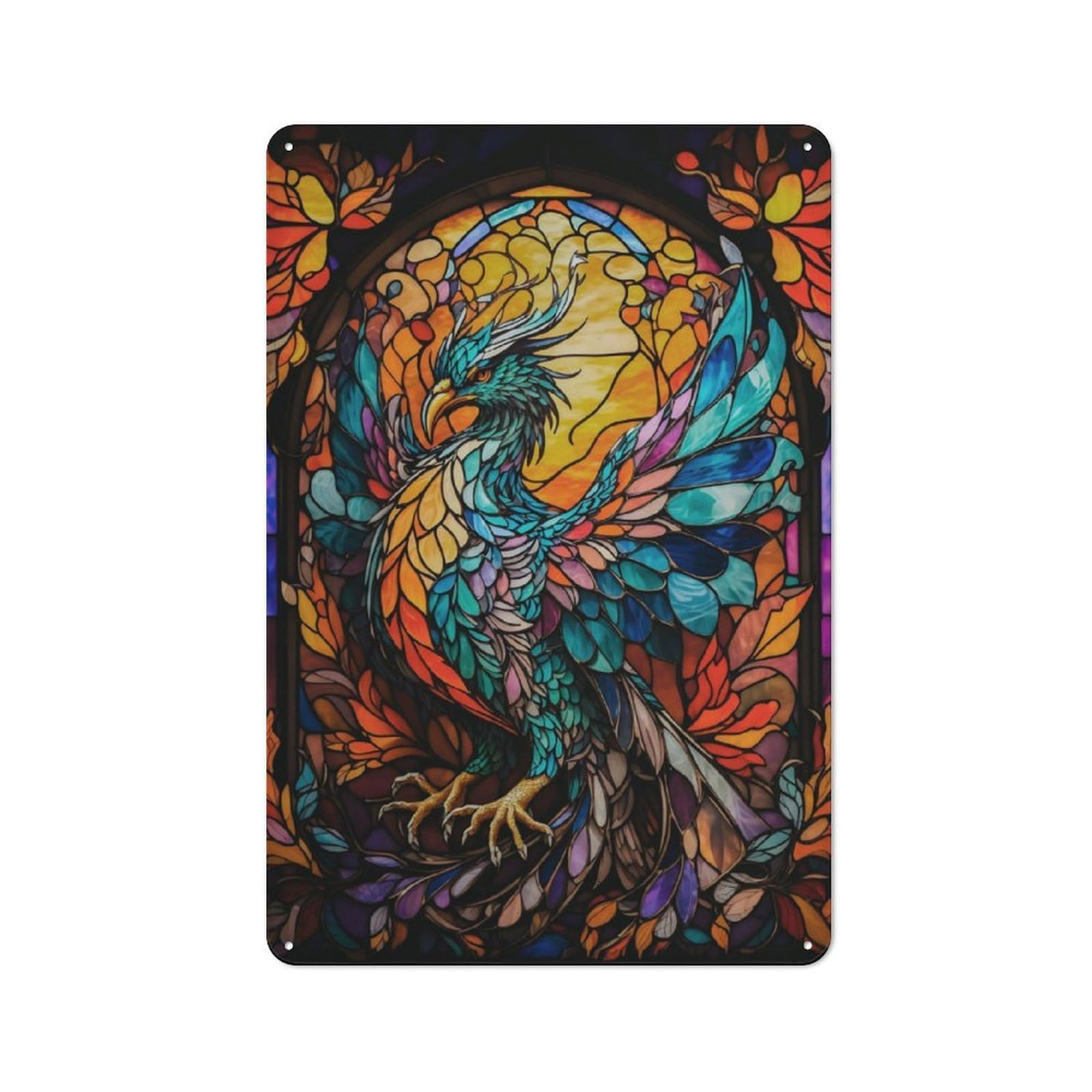 Nostalgic Phoenix Stained Glass Decorative Tin Sign 30x20cm, Vintage Wall Decor for Lounge, Study, Pub Or Wall Gallery