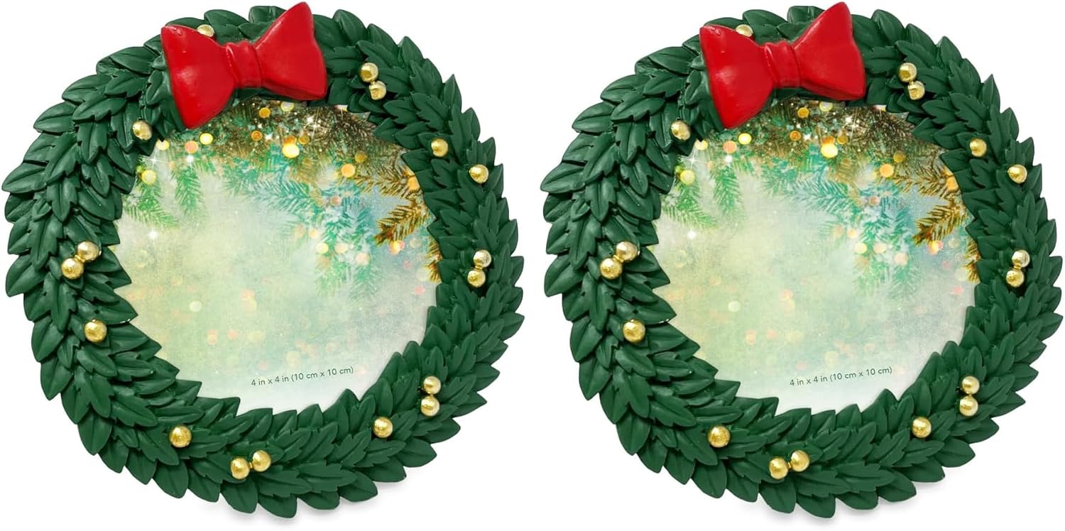 Isaac Jacobs 4x4 Green Wreath Holiday Picture Frame, Festive Photo Gift for Loved Ones, Tabletop or Wall Display, Elegant Home Décor (4x4, Green) (Pack of 2)