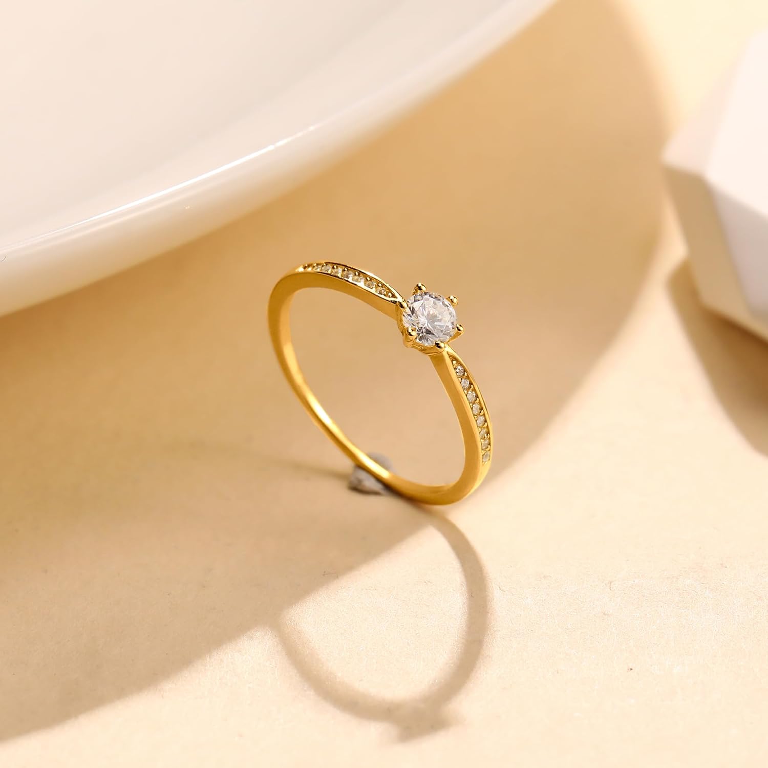 SUYACS 1ct Diamond Cut Cubic Zirconia Engagement Rings for Women 925 Sterling Silver Gold Round Cut Moissanite Promise Ring Classic Eternity Brides Wedding Rings Jewelry Gifts for Her Wife - Image 5