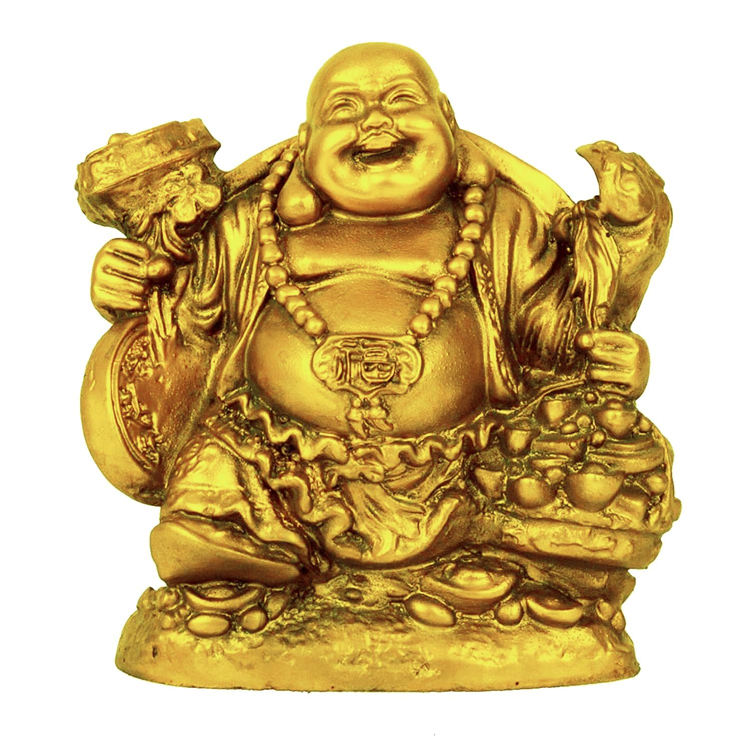 TIED RIBBONS Golden Laughing Buddha Idol Statue Showpiece for Money Wealth and Good Luck (12.7 cm X 10.1 cm) - Diwali Decoration Items for Home Decor - Diwali Gift for Family and Friends