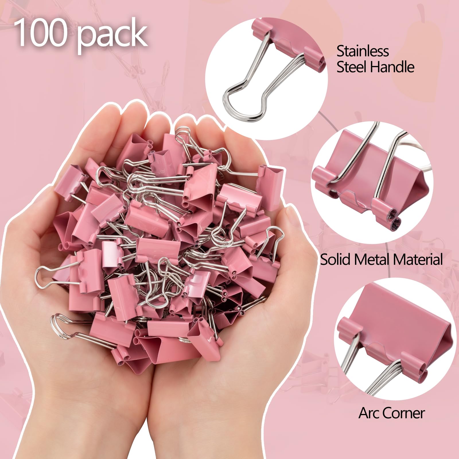 Büroklammern, verschiedene Größen (Mini, klein, mittel, groß), 100 Stück Clips für Büro, Schulbedarf (Rosa)