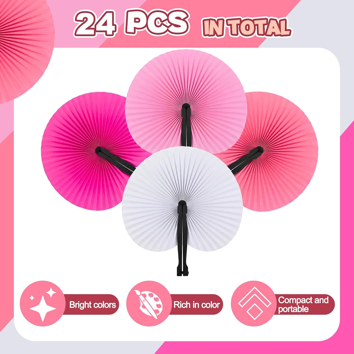 Taiyin 24 Pcs Pink Folding Hand Fans Pink Party Favors for Birthday Wedding Baby Shower Bridal Shower Preppy Party Supplies