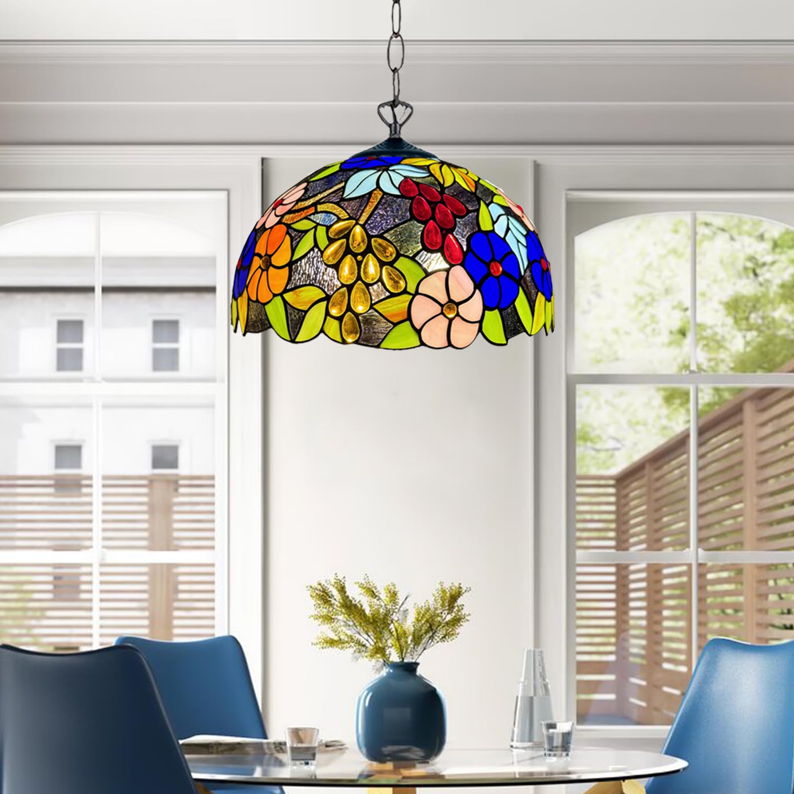 Auroh Multicolor Tiffany Pendant Light 16 Inch Vintage Pastoral Gorgeous Flowers Lamp Shade Handcrafted Pendant Ceiling Lights For Living Room Decor Home Decor Lounge