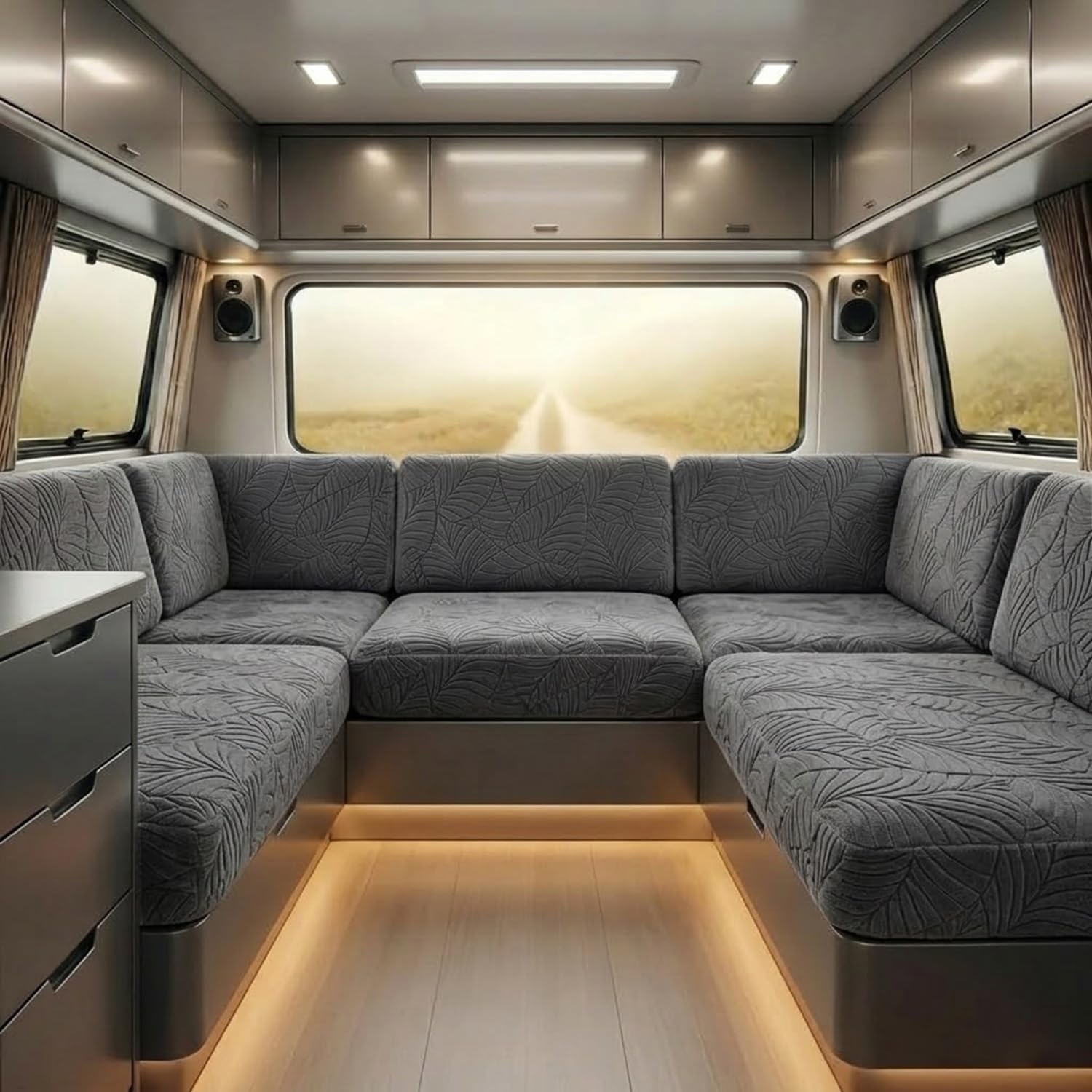 Stretch Caravan Cushion Covers Water Resistant, Jacquard Leaf Campervan Seat Slipcover with Straps, Motorhome Couch Protector(S10,W 120-140cm*D 40-65cm)