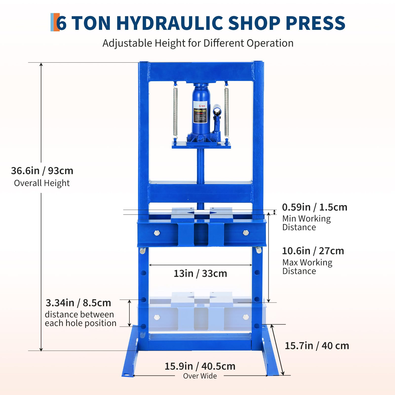 Prensa Hidráulica de Taller 6T, Prensa de Bastidor H Autoportante con Placas Ajustables para Taller, Garaje y Reparación Industrial, Azul
