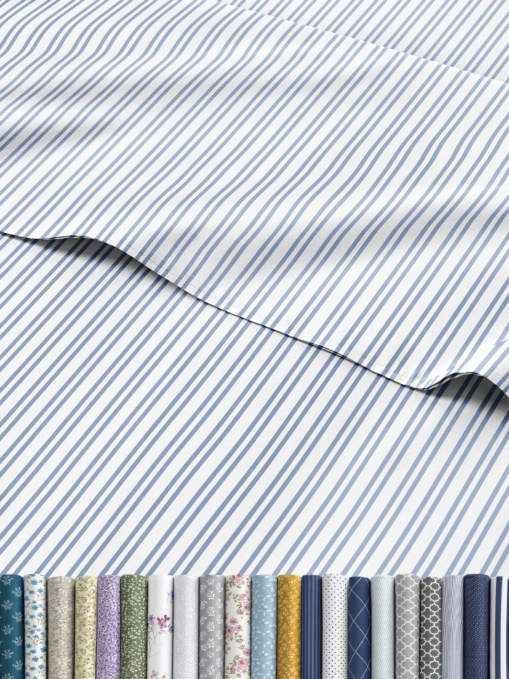 Blue and White Striped Sheets - 1 Flat & 1 Fitted Sheet & 2 Pillowcases w/ Deep Pockets - Comfy, Wrinkle & Fade Resistant - Ultra-Soft, Breathable &