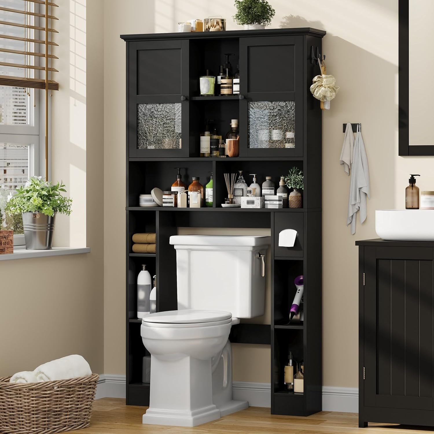 Halitaa Over The Toilet Storage Cabinet, Bathroom Shelf Over Toilet with Hammered Grain Glass Doors and Adjustable Shelves, Modern Space Saving Rack Cabinet for Bathroom, Laundry (Simple Black)