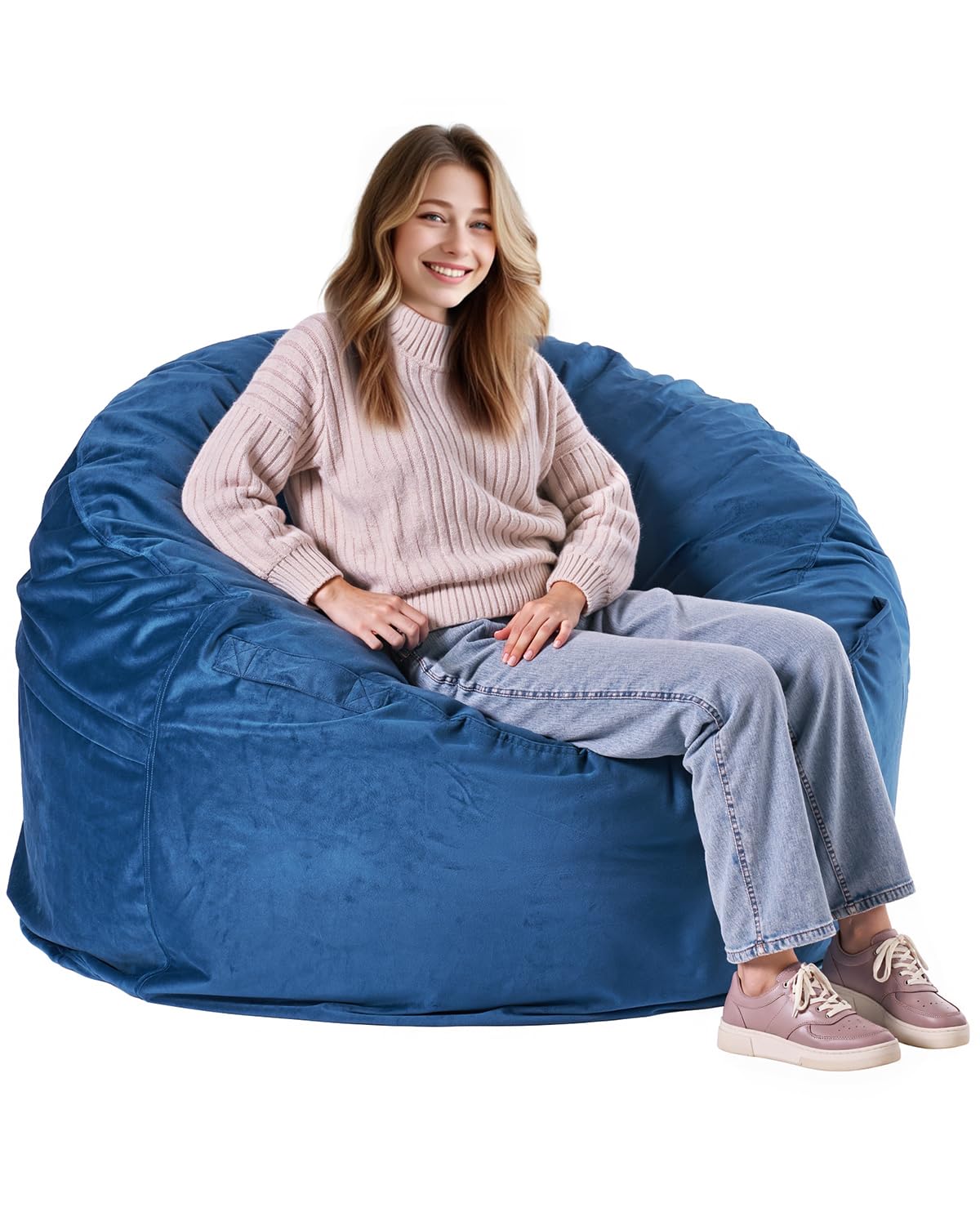 VEVOR Sillón Puff Redondo para Adultos 1168 x 1168 x 635 mm con Funda Extraíble y Lavable, Relleno de Espuma de Alta Densidad y Terciopelo Holandés, Asa y Bolsillo Lateral para Dormitorio, Azul