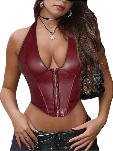 winkbay Women's Pu Leather Halter Crop Y2k Lace Up Backless V Neck Tops Red