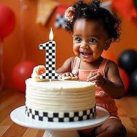 Vista 4 de Velas de cumpleaños con temática de autos de carreras, velas a cuadros número 1, adorno de pastel a cuadros blanco y negro, suministros para fiestas