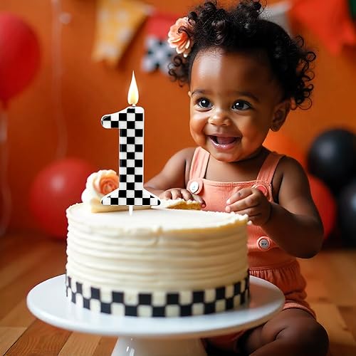 Miniatura 4 de Velas de cumpleaños con temática de autos de carreras, velas a cuadros número 1, adorno de pastel a cuadros blanco y negro, suministros para fiestas