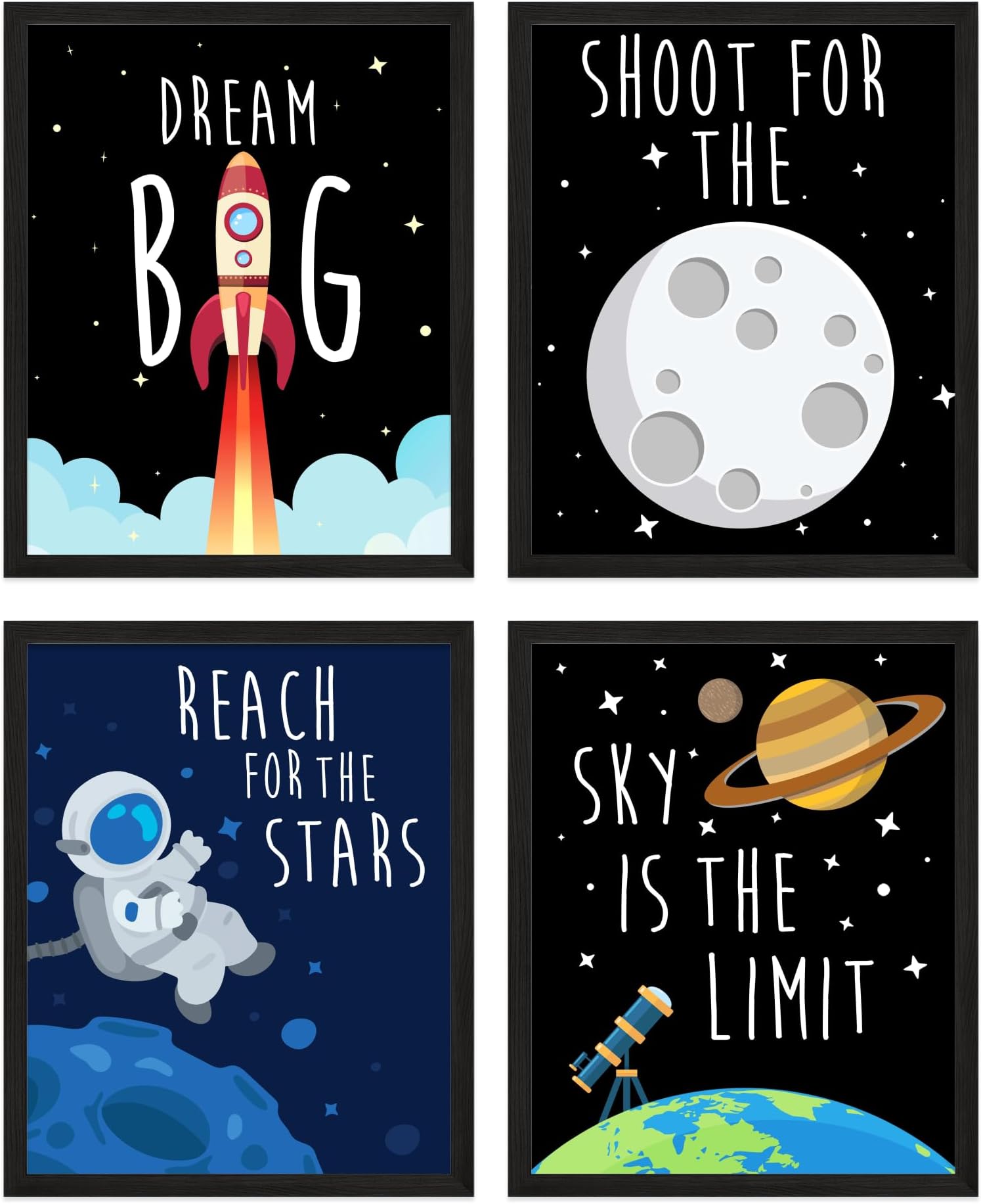 TnT Prints Space Wall Art for Kids, Solar System Posters for children, Posters for Boys or Girls Room - Unframed Set of 4 (8x10)