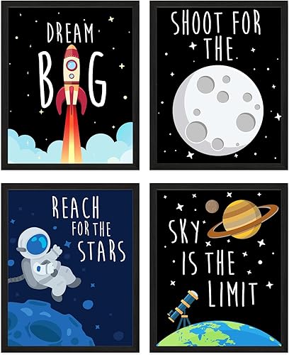 Arte de pared espacial para dormitorio de niños, decoración de habitación del espacio exterior para niños, juego de 4 carteles sin marco (8 x 10