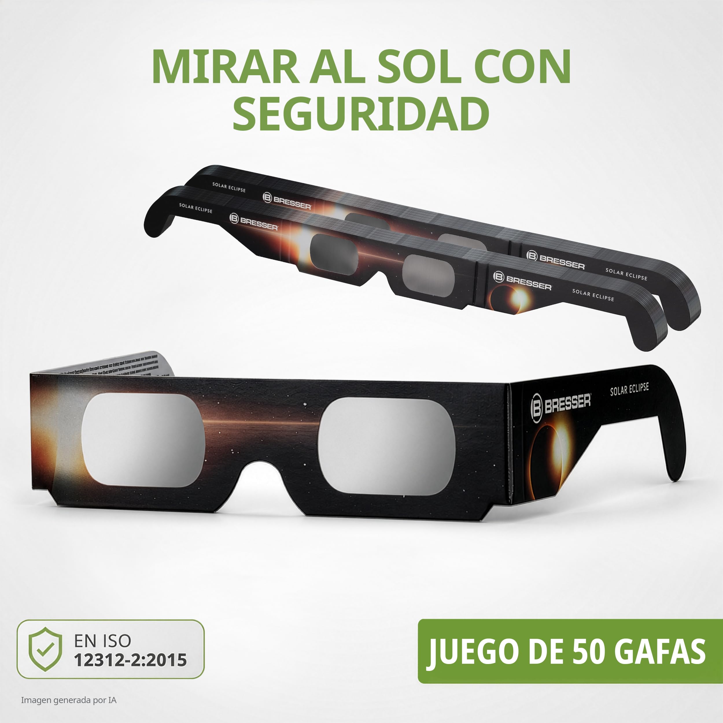 Bresser Gafas Eclipse Solar homologadas CE ISO 12312-2 pack 50 Diseño B | Absolutamente seguras, listas para los eclipses solares 2026, 2027, 2028, lámina astrosolar, imagen solar amarilla natural