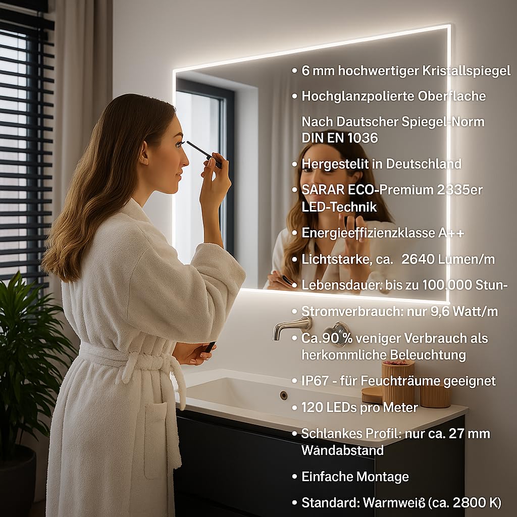 SARAR Badspiegel Spiegel Badezimmerspiegel mit schmaler rundum LED-Beleuchtung 150x100 cm Made in Germany eckiger Wandspiegel Mirror Spiegel Bad mit Licht Vittoria
