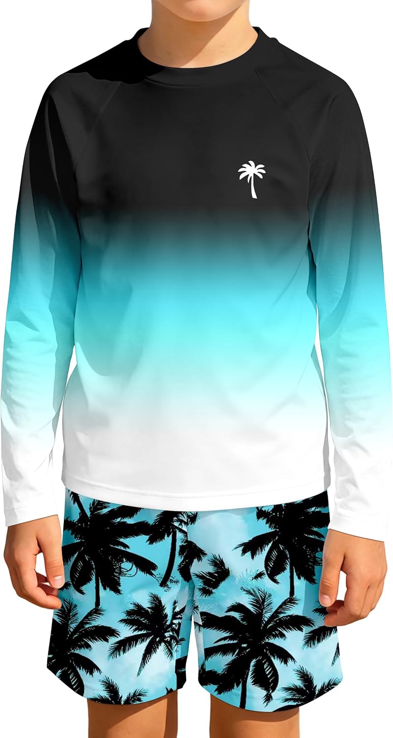 MIGU Boys Swim Set with Sleeve Rash Guard Boys Swimsuit 2 Piece Print Bathing Suit and Swim Trunks