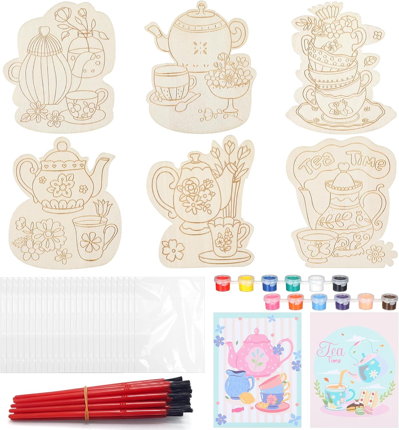 Chunful 24 Sets Tea Time Party Favors Wooden Painting Crafts Kits DIY Tea Time Paint Arts and Crafts Gifts for Christmas Birthday Party Decoration Craft Project