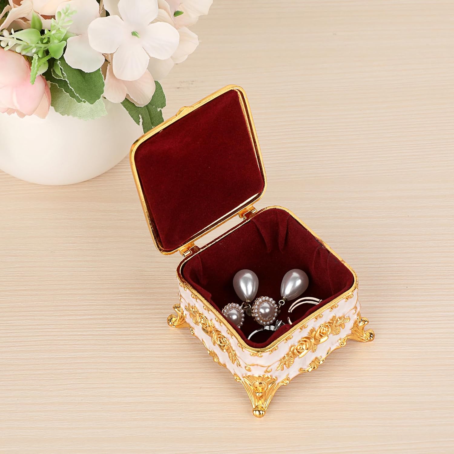 Hipiwe Vintage Jewelry Box Trinket Organizer Enameled Metal Treasure Chest Ring Holder Earrings Storage Case Decorative Keepsake Box Gift for Women, Small 3"x3"x2.4" - Image 3