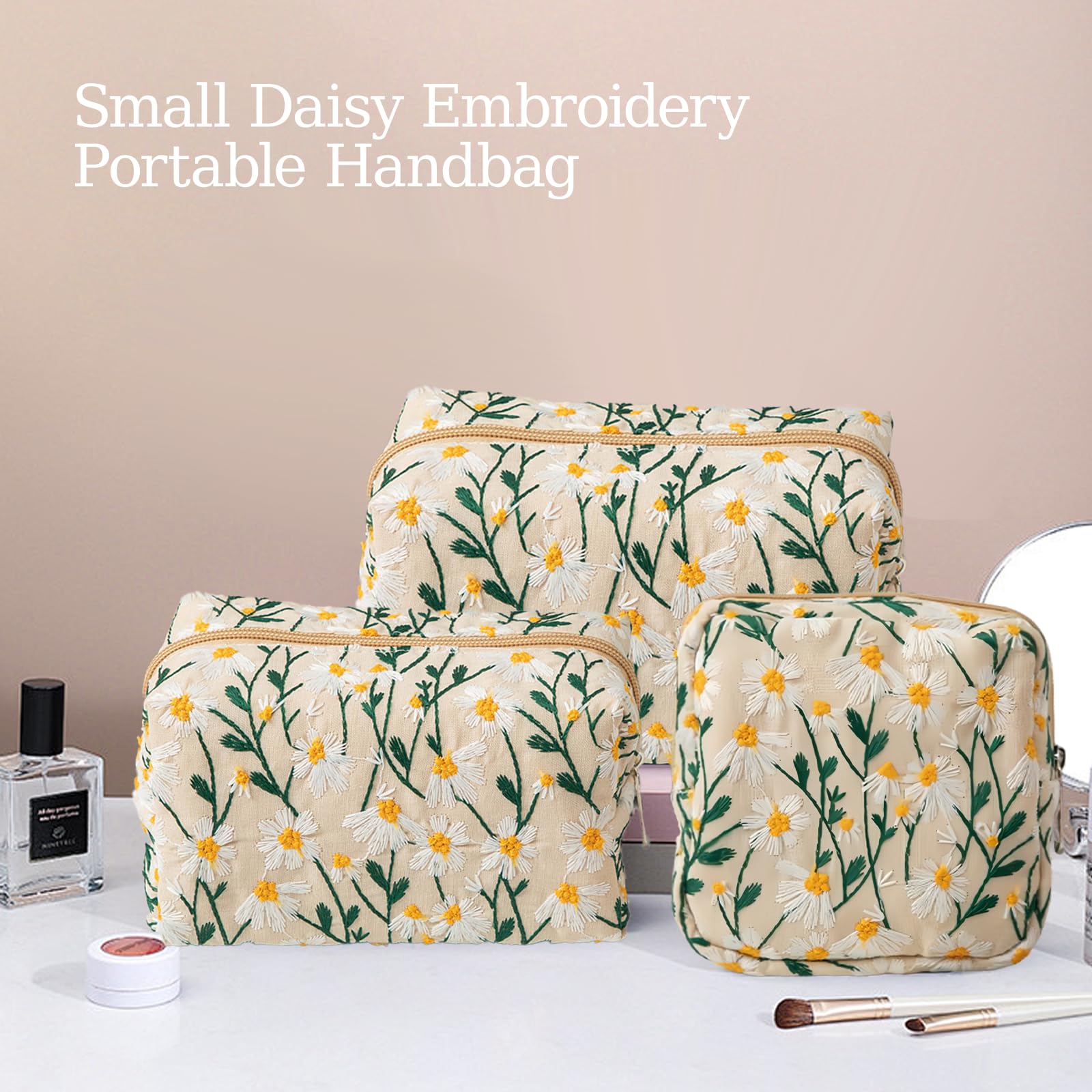 MUNSKT 2 Pieces Small Makeup Bag Set -Cute Daisy Cosmetic Bag & Organizer for Women Girls Travelling Toiletry Bag - Image 3