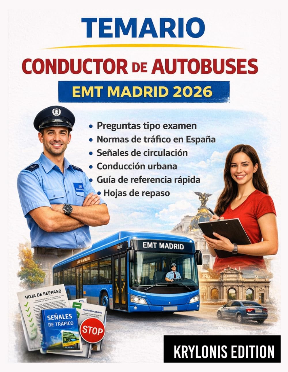Temario Conductor de Autobuses Emt Madrid 2026: Preguntas tipo examen, normas de tráfico, señales de circulación, conducción urbana, guía de referencia rápida y hojas de repaso.
