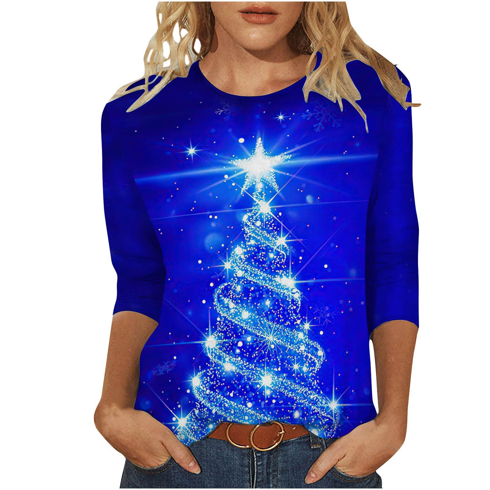 AMhomelyChristmas T Shirts for Women UK Clearance Ladies Tops Fall Casual 3/4 Sleeve Loose Shirts Crewneck Xmas Tree Snowflake Elk Print Cute Blouse Graphic Tees Tunic Dressy Trendy Clothes
