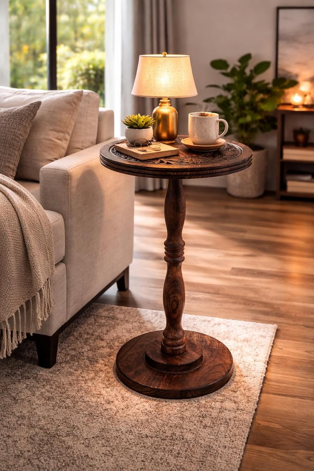 Mango Wood Accent Table 12x22 – Round Handcrafted Pedestal End Table, Natural Burnt Finish Nightstand, Solid Wood Bedside Table for Bedroom & Living Room Home Décor