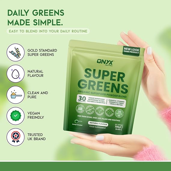 Super Greens Powder 30 Superfoods Blend with Spirulina Wheatgrass Chlorella Acai & Maca | Digestive Enzymes Probiotics Fibre Iron Vitamins | Vegan Gluten Free Natural Flavour | 300g 30 Servings