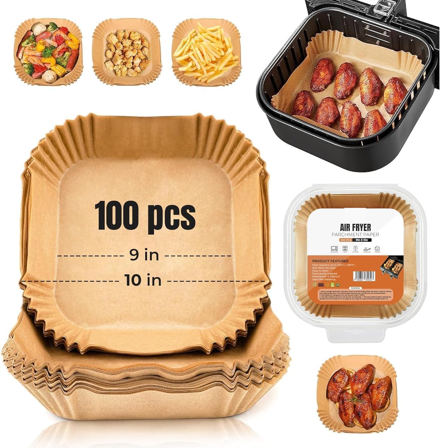 Roe Tenpo Backpapier für Heißluftfritteuse, 23 cm (9 Zoll), 100 Stück, Quadrat, Antihaftbeschichtete Backpapier-Einlagen, Kompatibel Mit Ninja, Tower und Anderen Dual-Zone-Heißluftfritteusen