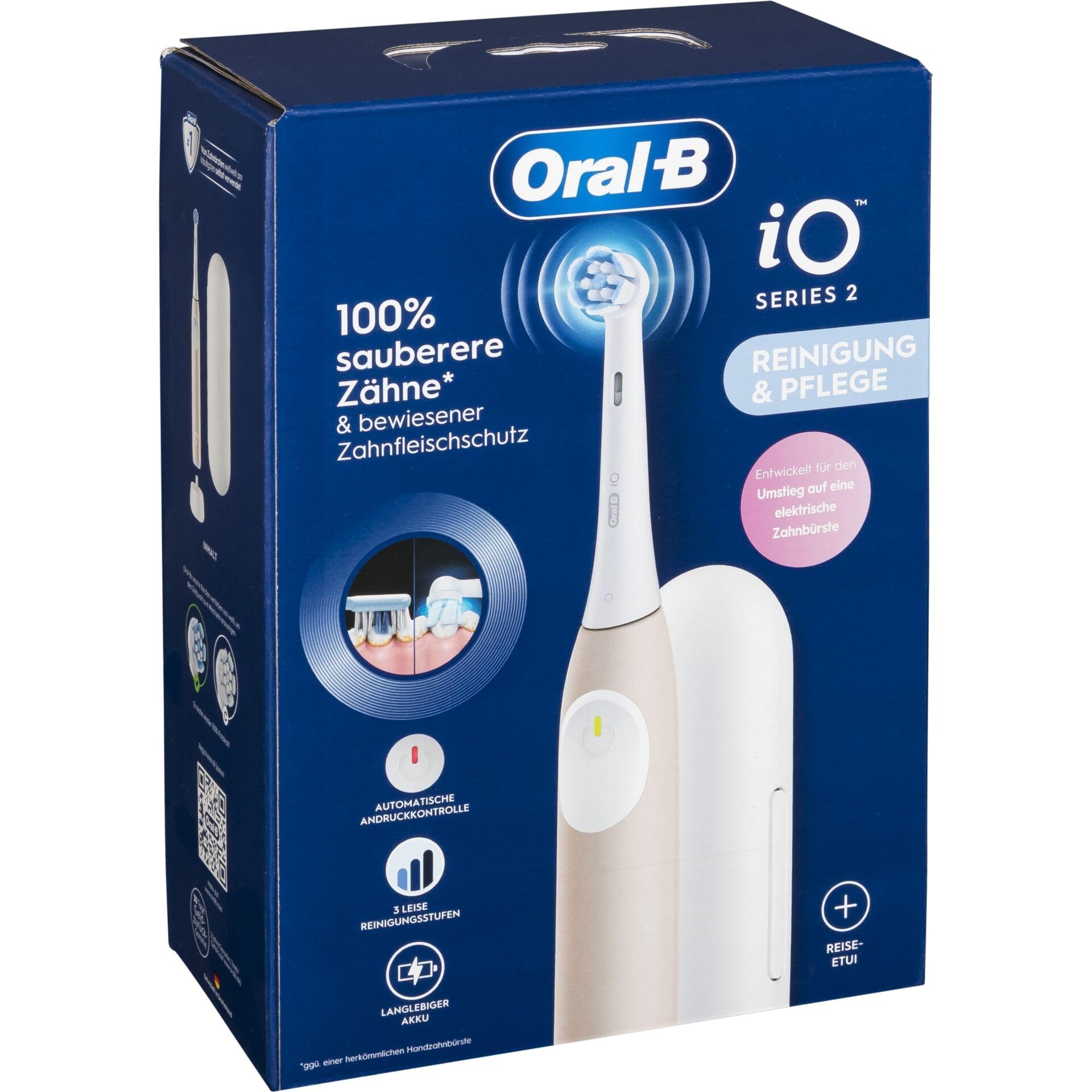 Oral-B iO Series 2 - Cepillo de dientes eléctrico, 1 cepillo, 3 modos de cepillado para el cuidado dental, tecnología magnética, estuche de viaje, diseñado por marrón, rosa calma