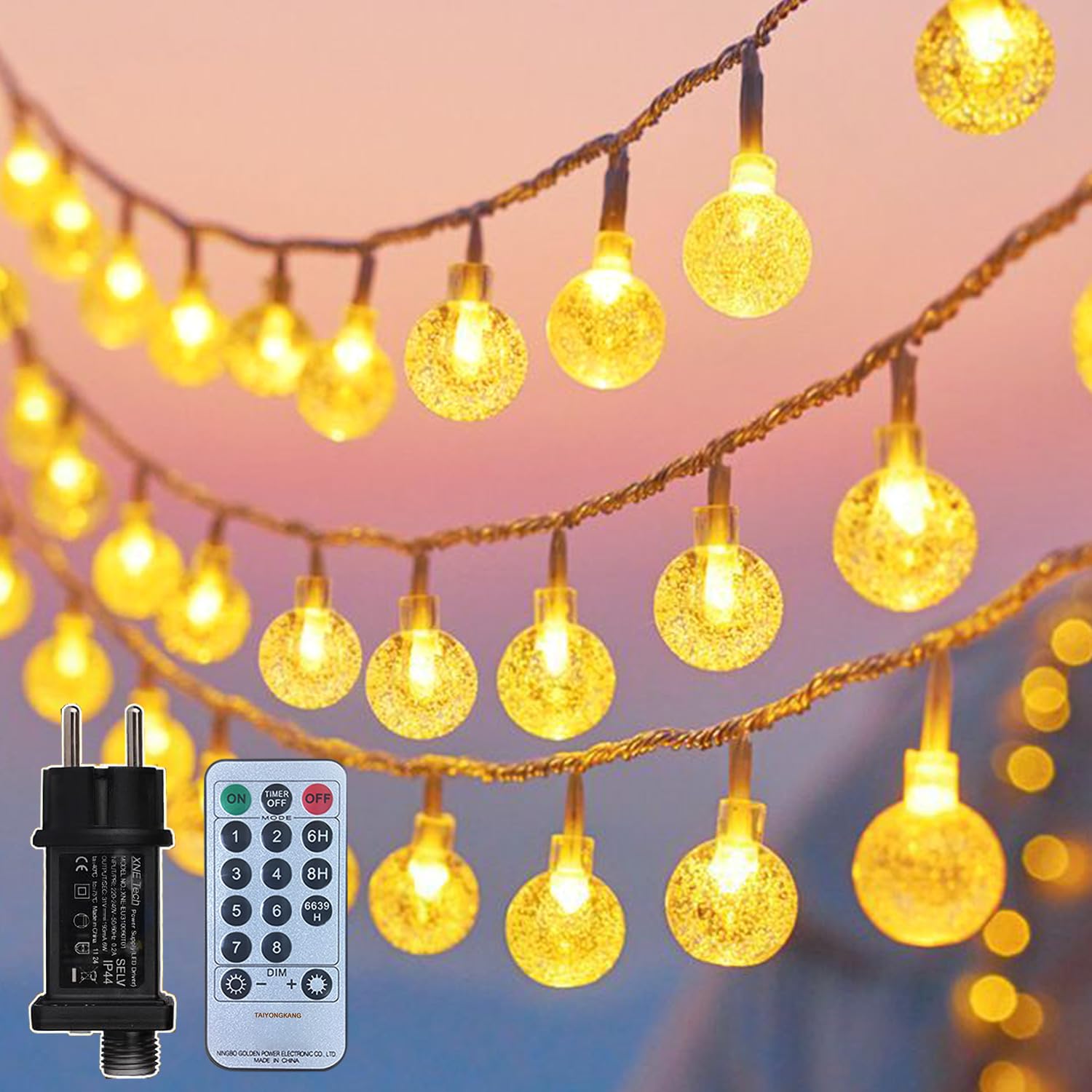 taiyongkang Guirnalda Luces 15m 100 LED con Bolas de Cristal, Enchufe y 8 Modos, Luces Decorativas para Interior, Guirnalda Luces Exterior IP44 para Navidad, Terraza y Jardín