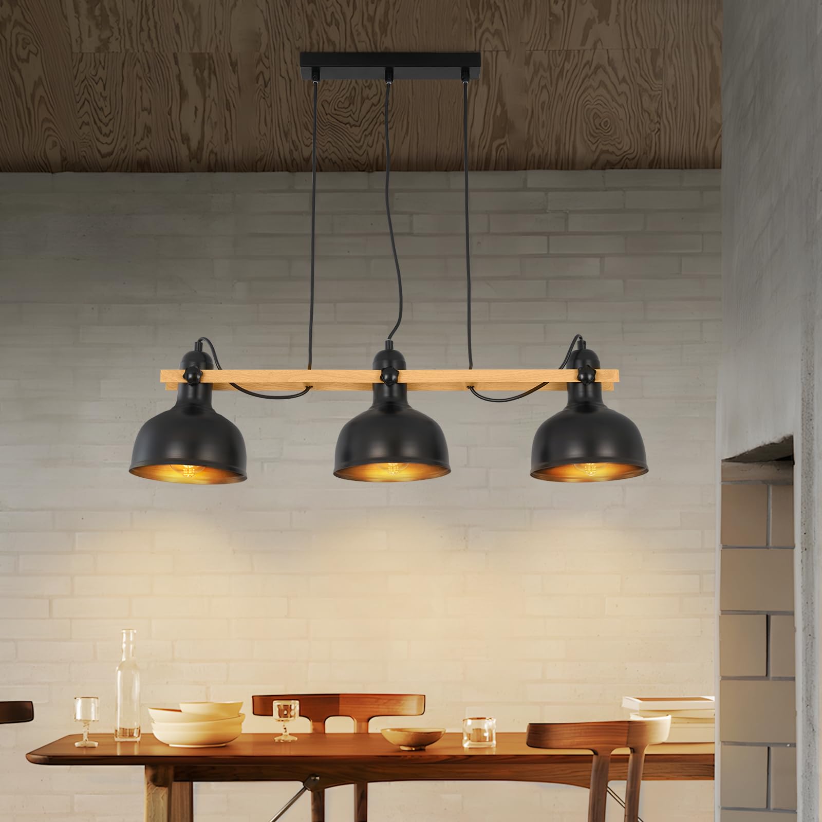 GBLY Hängelampe Vintage Pendelleuchte Holz Esstisch E27 Metall Hängeleuchte | 3 Flammig Holzbalken mit Schwarz Lampenschirm Retro Esszimmerlampe Industrial Esstischlampe für Küche Esszimmer