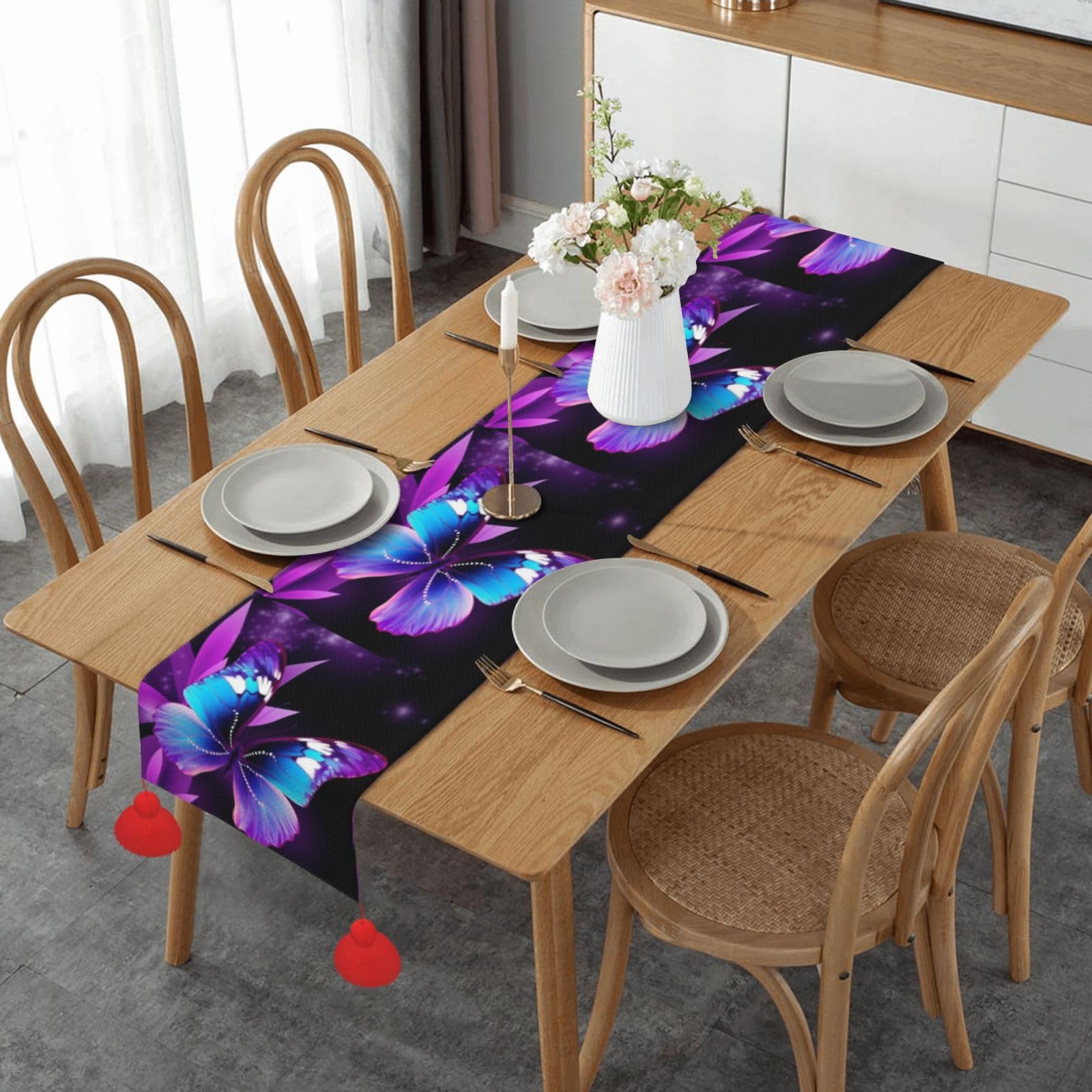Chemin de table rustique violet pampilles finitions de qualité 35x152cm