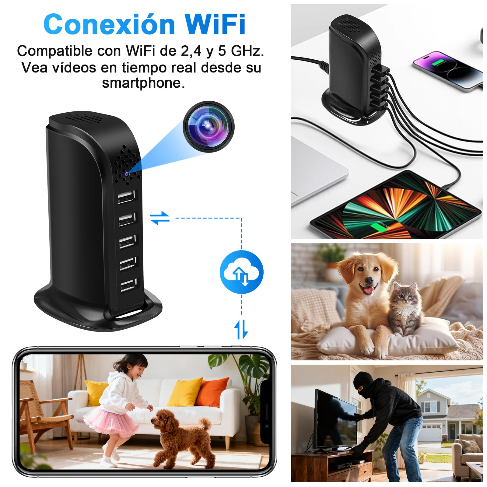 5G WiFi Cámara Espía Oculta, 1080P Micro Cámara Espía | Mini Cámara Oculta Wifi, 5 Puertos USB Cargador Cámara Espía Oculta, Detección de Movimiento, Grabación en Bucle, APP Remoto
