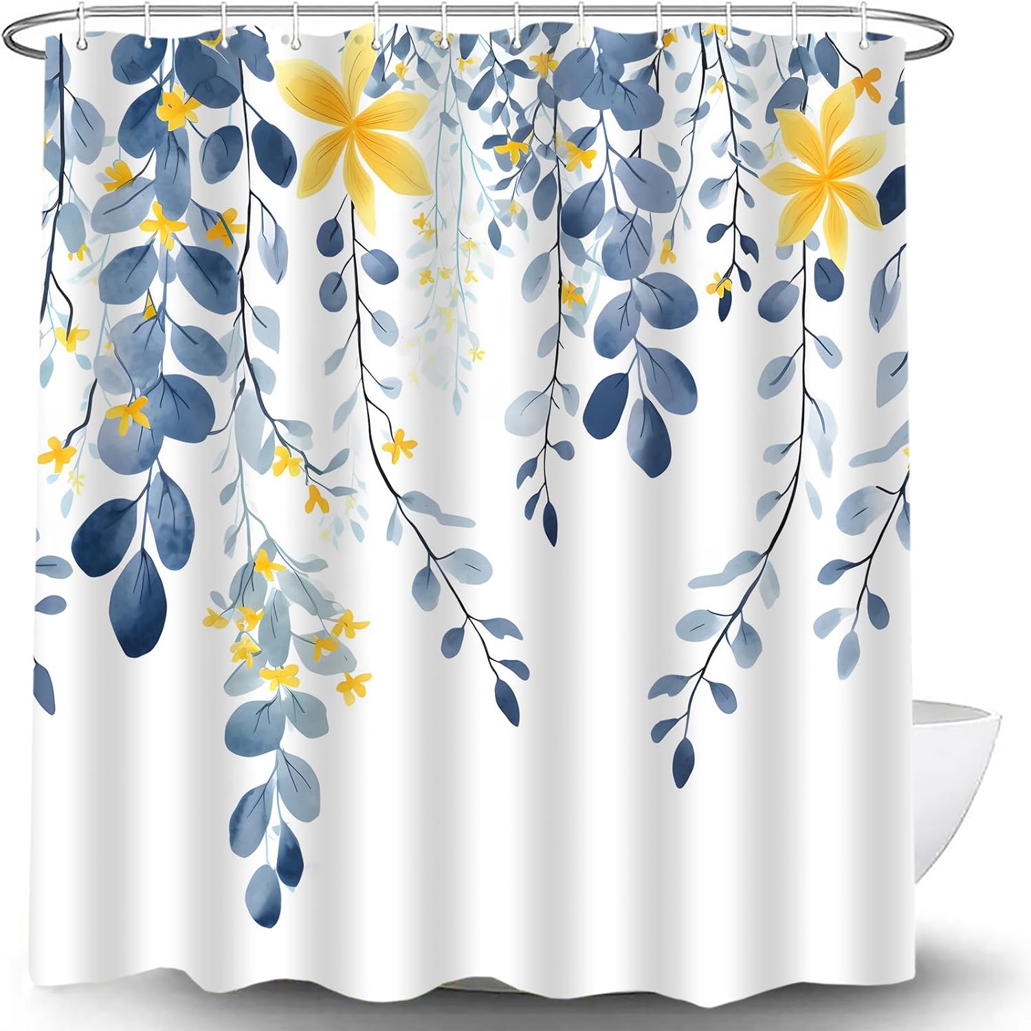 Blue Leaves Floral Shower Curtain Yellow Floral Eucalyptus Leaves Rustic Watercolor Plant Nature Botanical Leaf Vine Country Farm Spring Fabric Bath Curtain Set with Hook
