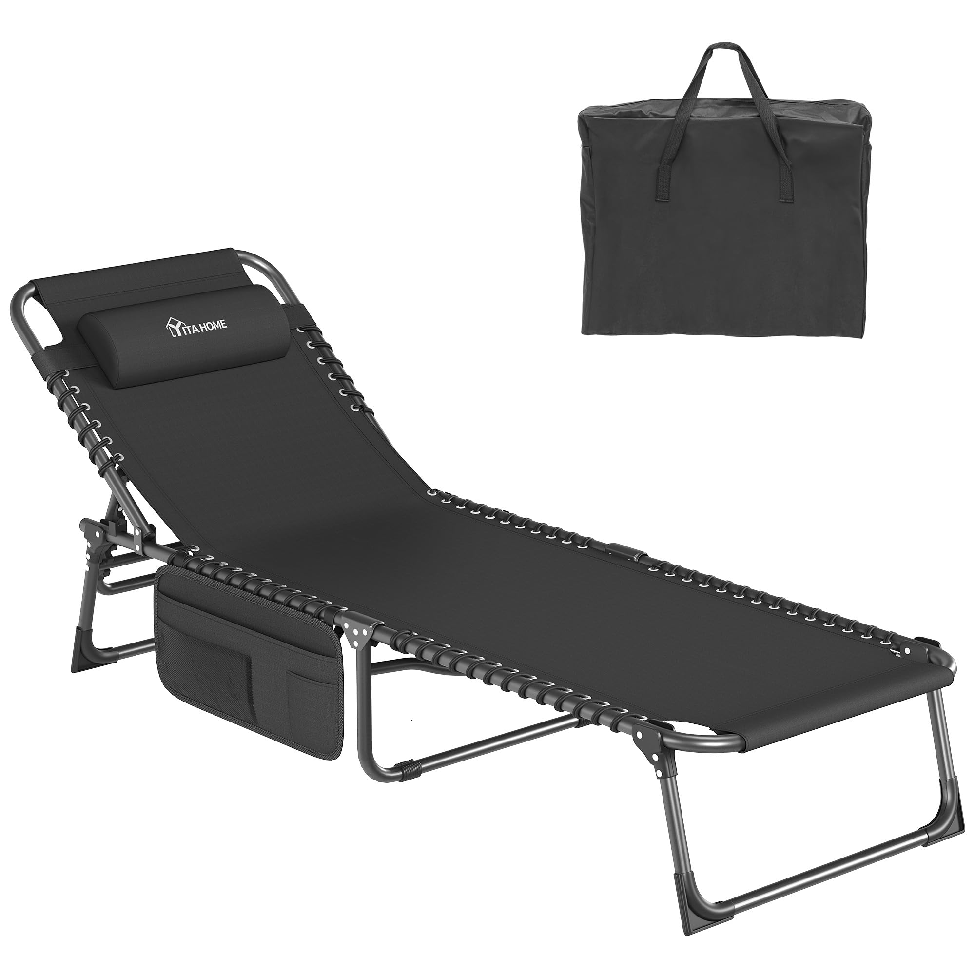 YITAHOME Bains de Soleil 190x60x31 cm Chaise Longue Réglable en 4 Positions, Transat Jardin Exterieur avec Appui-tête et Poche Latérale Capacité de Charge 300lbs pour Jardin, Piscine, Camping, Noir