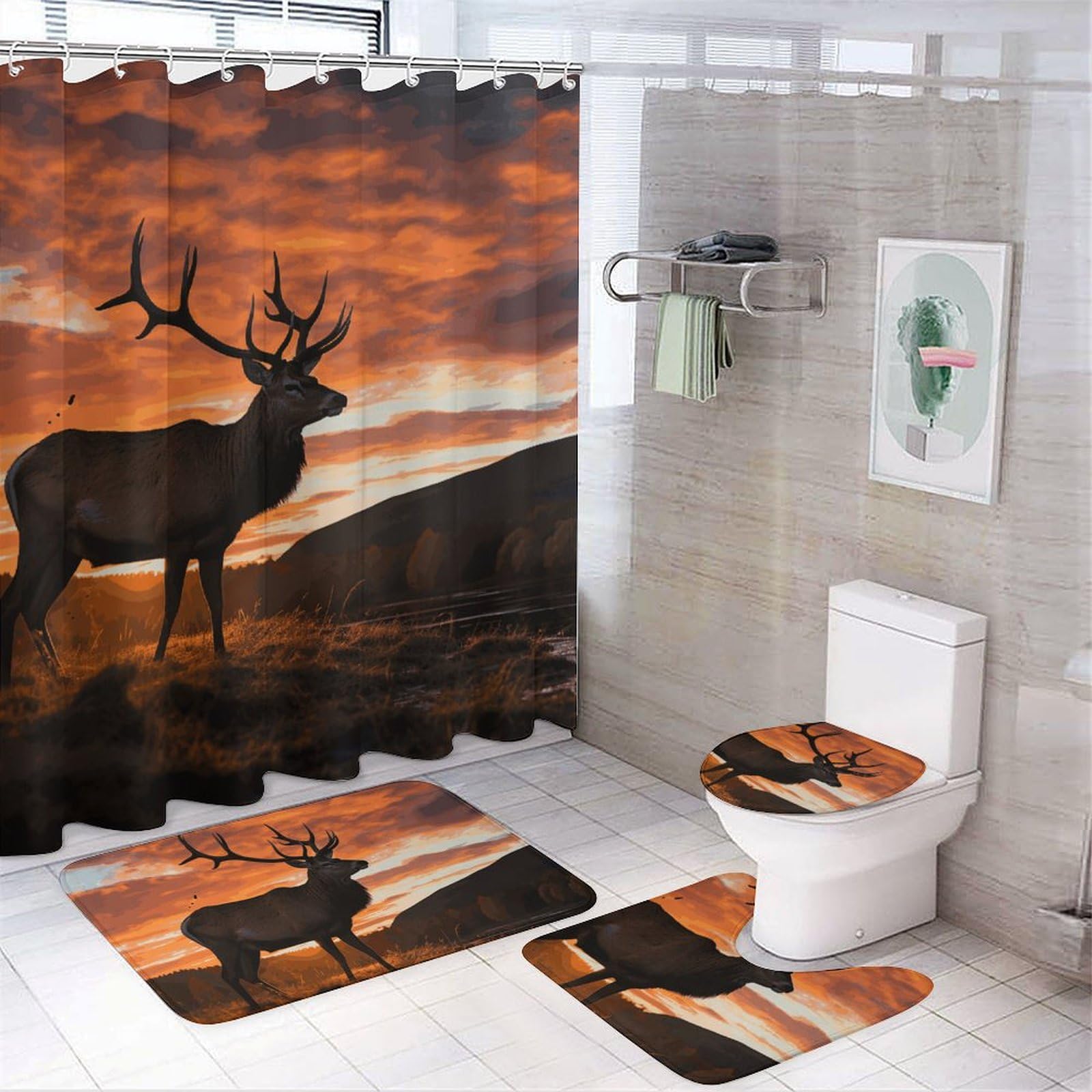 Rideau de douche cerf élan ensemble 4 pièces imperméable avec tapis de bain et couvre-WC