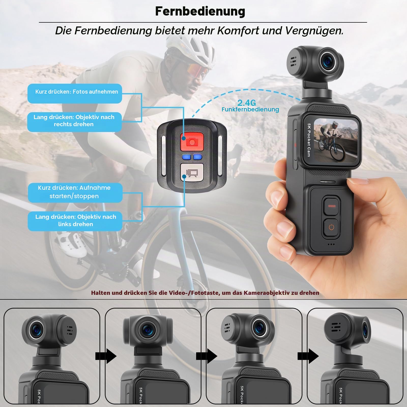 ydi 5K Bodycam Vlog Kamera mit Touchscreen, Körperkamera POV WLAN Pocket Action Cam mit Elektrisch 270° Drehbarem Objektiv, Gesichtsverfolgung, Fernbedienung, Externes Mikrofon, 64 GB Karte