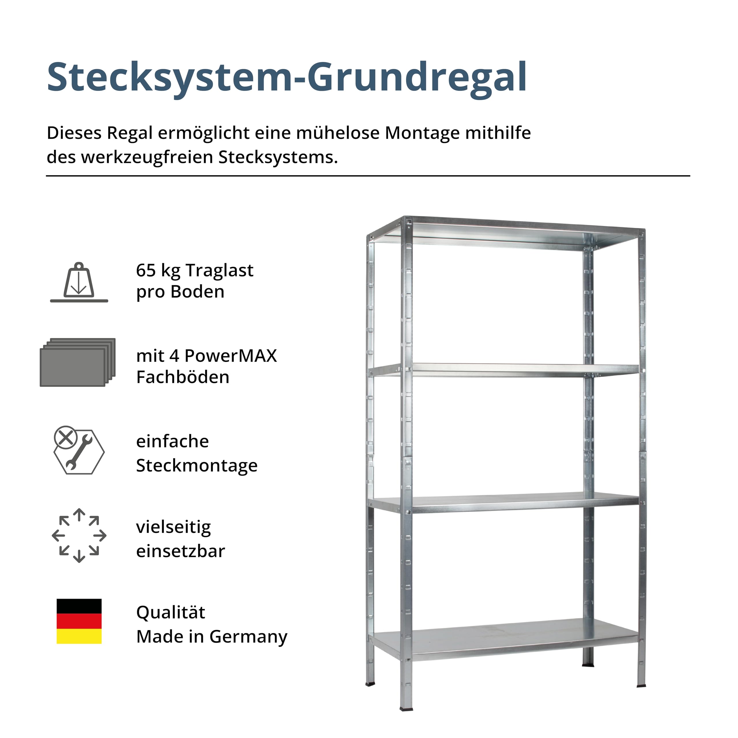 SCHULTE Regalwelt Steckregal mit 4 PowerMAX Fachböden, 65 kg Tragkraft, 190x100x40 cm (HxBxT), verzinkt (Lagerregal, Werkstattregal, Kellerregal, Garagenregal, Metallregal