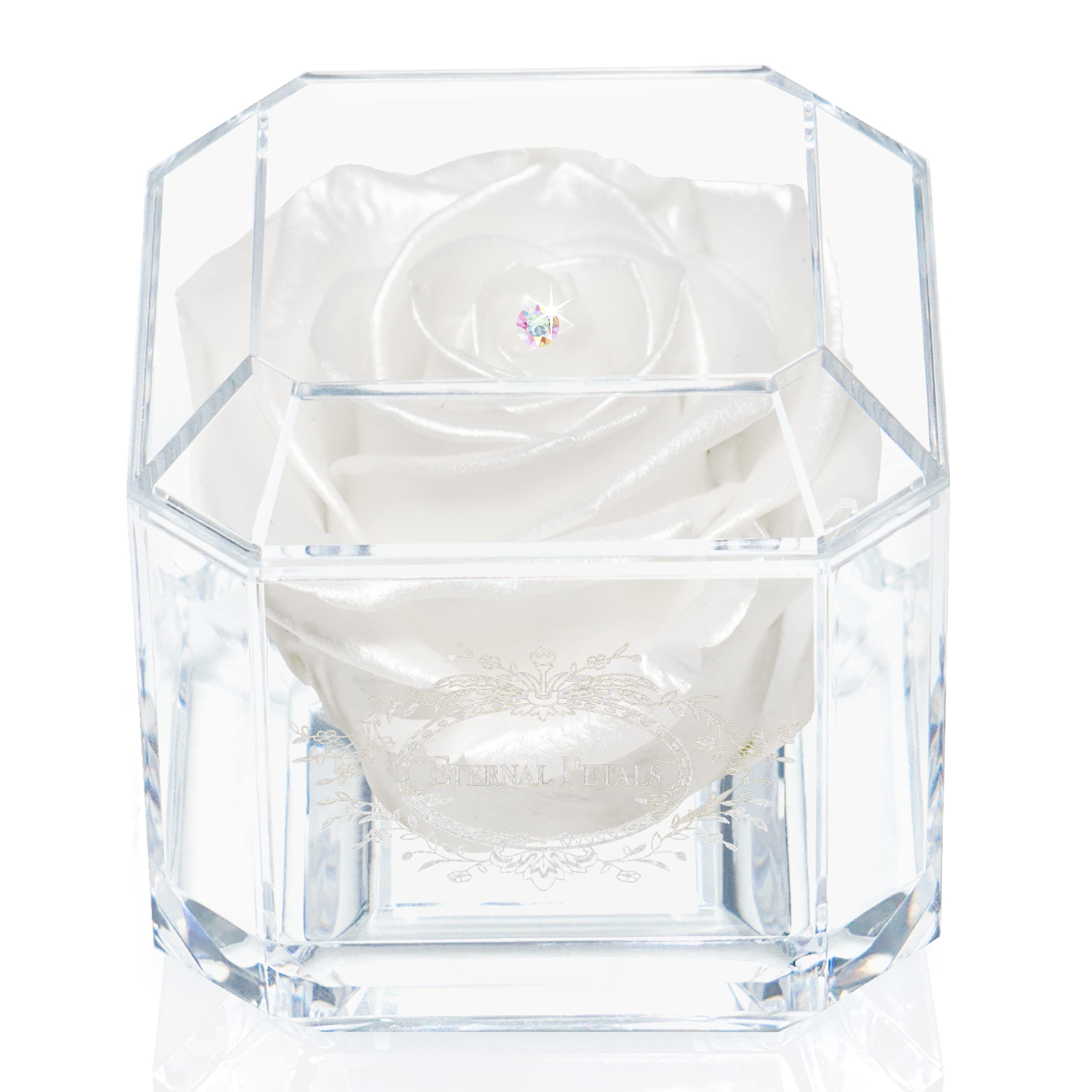 A 100% Real Rose That Lasts Years - Eternal Petals, Handmade in London - White Gold Solo with A Multicolor Crystal (Deep Red) — view 14