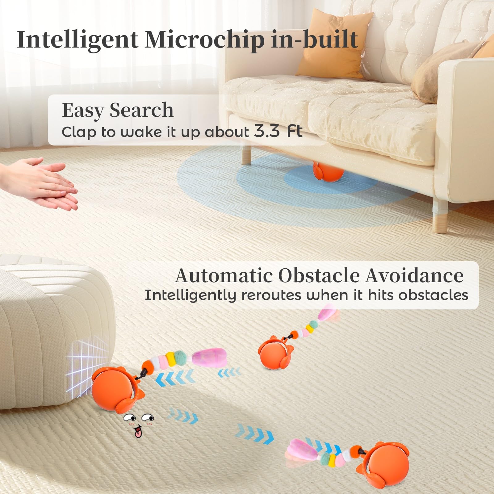 GoldenSun Cat Toys,Interactive Cat Toys for Indoor Cats Adult,Cat Ball Toy for Indoor Cats Kitten,Automatic Cat Toy With Tail,4 Mode Multiple Activation Ways and Chirps Stimulate,USB Charging,Orange - Image 4