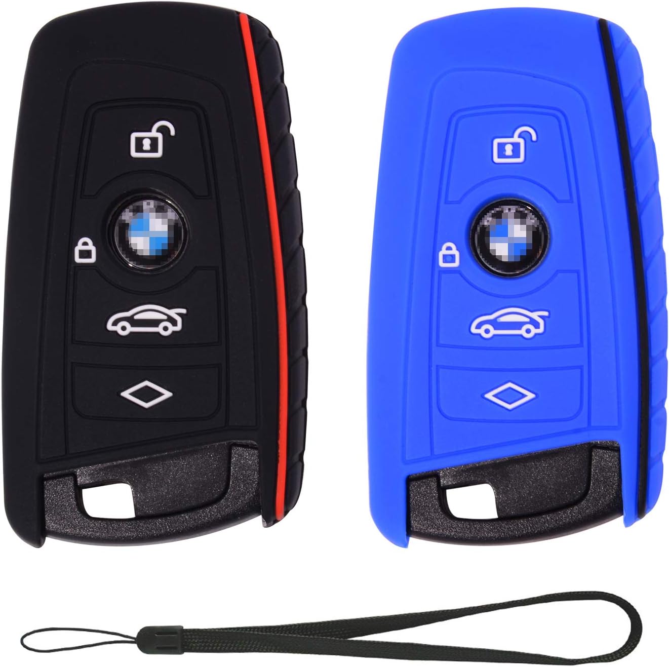 Compatible with BMW Trapezoid Style Key FOB Silicone Case Cover Protector Holder -3 Buttons and Wrist Strap - Please Double Check Your Key Configuration and Shape (Black and Blue)